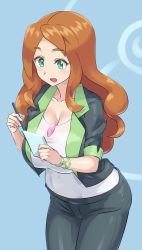 Rule 34 | 10s, 1girl, amelia (pokemon), blue background, breasts, brown hair, cleavage, covered navel, creatures (company), cropped jacket, game freak, green eyes, highres, huge breasts, mizuumi (bb), nintendo, pen, pokemon, pokemon shuffle, reporter, solo