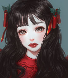 Rule 34 | 1girl, black eyes, black hair, blue background, christmas, closed mouth, colored skin, commentary request, eyelashes, eyeshadow, hair ribbon, highres, holly, long hair, looking at viewer, makeup, original, portrait, red lips, rena illusion, ribbon, simple background, solo, white skin