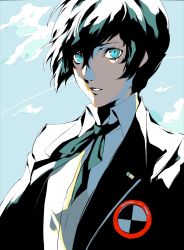 Rule 34 | 1boy, blue eyes, blue hair, commentary request, gekkoukan high school uniform, highres, jacket, male focus, open clothes, open jacket, parted lips, persona, persona 3, pertex 777, school uniform, sky, solo, yuuki makoto (persona 3)