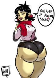 Rule 34 | 1girl, absurdres, ass, billyrx, black hair, chinese, chinese (nationality), clothes, female focus, highres, huge ass, looking back, original, red scarf, scarf, short hair, shorts, simple background, solo, white background