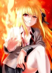 Rule 34 | 1girl, angry, black ribbon, black skirt, blonde hair, breasts, charlotte (anime), cleavage, clenched teeth, commentary request, delinquent, dress shirt, fire, grey jacket, hair ribbon, jacket, knees up, long hair, long sleeves, looking at viewer, medium breasts, miniskirt, nishimori misa, one side up, pleated skirt, red background, red eyes, red ribbon, ribbon, shiny skin, shirt, sidelocks, simple background, skirt, solo, standing, straight-on, straight hair, teeth, thighhighs, very long hair, white shirt, white thighhighs, zen (kamuro), zettai ryouiki