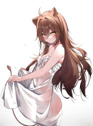 Rule 34 | 1girl, absurdres, ahoge, animal ears, bare shoulders, blush, breasts, brown hair, cleavage, closed mouth, cowboy shot, dress, female focus, frilled dress, frills, hair between eyes, highres, indie virtual youtuber, kana616, lion ears, lion girl, lion tail, long hair, looking at viewer, looking to the side, no bra, no panties, rurudo lion, rurudo lion (1st costume), see-through, see-through dress, simple background, skirt hold, small breasts, solo, standing, strapless, strapless dress, tail, very long hair, virtual youtuber, wet, wet clothes, wet dress, white background, white dress, yellow eyes