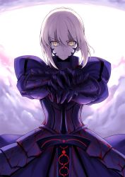 Rule 34 | &gt;:(, 1girl, absurdres, ambiguous red liquid, armor, armored dress, artoria pendragon (all), artoria pendragon (fate), closed mouth, cowboy shot, fate/grand order, fate/stay night, fate (series), frown, gauntlets, halcon, highres, looking at viewer, pale skin, pauldrons, planted, planted sword, planted weapon, saber (fate), saber alter, serious, shoulder armor, solo, sword, v-shaped eyebrows, weapon, white hair, yellow eyes