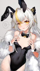 Rule 34 | 1girl, anger vein, animal ears, bare shoulders, bison cangshu, black bow, black bowtie, black leotard, black ribbon, blonde hair, blush, bow, bowtie, breasts, commentary request, covered navel, detached collar, fake animal ears, feather boa, fishnet pantyhose, fishnets, grey background, grey hair, hair between eyes, hair ribbon, hands up, highleg, highleg leotard, highres, leotard, long hair, looking at viewer, multicolored hair, original, oversized breast cup, pantyhose, parted lips, playboy bunny, rabbit ears, ribbon, short eyebrows, simple background, small breasts, solo, spoken anger vein, strapless, strapless leotard, streaked hair, twintails, very long hair, wavy mouth, white pantyhose, yellow eyes