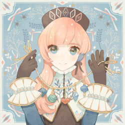 Rule 34 | 1girl, blue background, blue eyes, blush, bracelet, branch, earmuffs, gloves, hat, high collar, highres, holding, holding string, jewelry, long hair, long sleeves, original, ornament, pearl bracelet, pink hair, ribbon, smile, solo, string, sweater, upper body, yunoto (conceit)