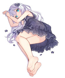 Rule 34 | 1girl, ahoge, arms up, ass, bad id, bad pixiv id, bare arms, bare shoulders, barefoot, black bow, black dress, black flower, black sailor collar, blue eyes, blush, bow, closed mouth, commentary request, dress, feet, female focus, fingernails, flower, full body, hair between eyes, hair flower, hair ornament, long hair, looking at viewer, lying, on side, sailor collar, sailor dress, silver hair, simple background, sleeveless, sleeveless dress, smile, soles, solo, soulworker, stella unibell, striped, striped bow, tama (tamatamo), toes, very long hair, white background, white neckwear