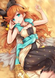Rule 34 | 10s, 1girl, aqua eyes, bare shoulders, bracelet, breasts, forehead jewel, granblue fantasy, hairband, highres, hime cut, jewelry, long hair, looking at viewer, lying, on back, open mouth, orange hair, sand, sara (granblue fantasy), solo, u rin