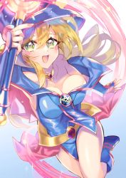 Rule 34 | 1girl, absurdres, bare shoulders, blonde hair, blue footwear, blue hat, blush, blush stickers, boots, breasts, choker, cleavage, collarbone, dark magician girl, duel monster, green eyes, hair between eyes, hat, hexagram, highres, large breasts, long hair, open mouth, pentacle, smile, solo, staff, wand, wizard hat, yu-gi-oh!