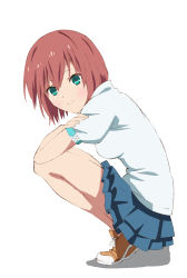 10s 1girl aqua_eyes breasts brown_hair hokuto_(tokyo_ravens) shoes short_hair simple_background skirt smile tokyo_ravens