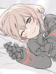 Rule 34 | 1girl, azur lane, black gloves, black jacket, blonde hair, blush, brown eyes, collared jacket, cross, ganesagi, gloves, indoors, iron cross, jacket, long sleeves, looking at viewer, lying, no headgear, on bed, on side, one eye closed, outstretched hand, pillow, pointing, pointing at viewer, roon (azur lane), short hair, sketch, smile, solo