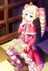 Rule 34 | 10s, 1girl, beatrice (re:zero), blonde hair, blue eyes, book, bookshelf, bow, bug, butterfly, butterfly-shaped pupils, capelet, crown, dress, drill hair, hair ribbon, highres, insect, long hair, long sleeves, meng xiao jiong, mini crown, open book, pantyhose, pom pom (clothes), re:zero kara hajimeru isekai seikatsu, red dress, ribbon, sitting, solo, striped clothes, striped pantyhose, symbol-shaped pupils, tile floor, tiles, twin drills, very long hair, wide sleeves
