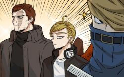 Rule 34 | 3boys, alternate costume, alternate hairstyle, beard, best jeanist, blonde hair, blue eyes, boku no hero academia, brown coat, coat, comb, covered mouth, denim, endeavor (boku no hero academia), facial hair, hawks (boku no hero academia), headphones, holding, holding comb, kadeart, looking at viewer, male focus, multiple boys, scar, scar across eye, scar on face, short hair, sparkle, stubble, upper body, wings