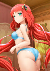 Rule 34 | 1girl, :o, ass, back tattoo, blue bra, blue panties, blurry, blurry background, blush, bra, breasts, cowboy shot, floating hair, from side, genshin impact, green eyes, hair ornament, highres, lace, lace-trimmed bra, lace-trimmed panties, lace trim, long hair, low twintails, medium breasts, nilou (genshin impact), panties, parted bangs, parted lips, raised eyebrows, red hair, royboy, solo, strap gap, tattoo, thighs, twintails, underwear, underwear only, very long hair