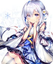 Rule 34 | 1girl, amane kanata, amane kanata (new year), blue hair, chi no, colored inner hair, detached sleeves, flower, frills, grey hair, hair flower, hair ornament, hairclip, hands on own cheeks, hands on own face, highres, hololive, japanese clothes, kimono, multicolored hair, official alternate costume, purple eyes, short hair, skirt, smile, snowflakes, solo, thighhighs, virtual youtuber, white thighhighs, zettai ryouiki