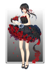 Rule 34 | 1girl, bare arms, bare shoulders, black dress, black footwear, black hair, blush, bouquet, commentary request, dress, flower, grey background, hair over one eye, hair ribbon, highres, holding, holding bouquet, ji dao ji, long hair, low twintails, no socks, open mouth, original, red eyes, red flower, red ribbon, red rose, ribbon, rose, shoes, solo, standing, strapless, strapless dress, twintails, two-tone background, white background