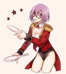 Rule 34 | 1girl, :d, black-framed eyewear, black leotard, breasts, cleavage, collarbone, cropped legs, detached collar, fate/grand order, fate (series), glasses, hair between eyes, holding, leaning forward, leotard, long sleeves, looking at viewer, mash kyrielight, mash kyrielight (welcome to the travelling circus!), medium breasts, miyuzu, neck ribbon, official alternate costume, open mouth, purple eyes, purple hair, red ribbon, ribbon, short hair, simple background, smile, solo, standing, white background, wing collar