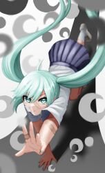 Rule 34 | 1girl, absurdres, ahoge, all fours, bandaid, bandaid on arm, bandaid on cheek, bandaid on face, bandaid on hand, blue eyes, blue hair, che to n, crescent, hatsune miku, highres, long hair, outstretched arm, pleated skirt, reaching, reaching towards viewer, rolling girl (vocaloid), short sleeves, skirt, socks, solo, twintails, very long hair, vocaloid