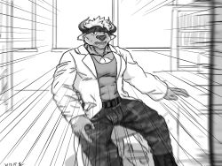 Rule 34 | 1boy, animal ears, bara, camouflage, camouflage pants, chest hair, cow ears, cow horns, facial hair, furry, furry male, goatee, greyscale, headband, highres, horns, lab coat, large pectorals, looking at viewer, male focus, minotaur, monochrome, muscular, pants, pectorals, pxrotsw, shennong (housamo), short hair, tank top, tokyo houkago summoners
