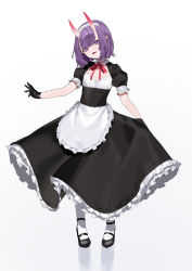 Rule 34 | 1girl, absurdres, alternate costume, bebe (bebe pp), black gloves, dress, enmaided, fate/grand order, fate (series), flat chest, full body, gloves, highres, horns, maid, mary janes, oni, pointy ears, puffy sleeves, purple eyes, purple hair, shoes, short hair, shuten douji (fate), simple background, skin-covered horns, solo, white background, white legwear