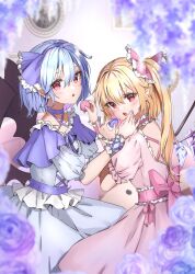 Rule 34 | 2girls, alternate costume, back bow, back cutout, bat wings, black wings, blonde hair, blue capelet, blue flower, blue hair, blue hairband, blue nails, blue ribbon, blue rose, blue sash, blue shirt, blue skirt, blue sleeves, blue wrist cuffs, bow, capelet, choker, clothing cutout, collarbone, commentary, cross-laced clothes, cross-laced top, crystal wings, dress, eyelashes, feeding, flandre scarlet, flower, food, frilled bow, frilled capelet, frilled choker, frilled dress, frilled sash, frilled shirt, frilled sleeves, frilled wrist cuffs, frills, from behind, hair bow, hair ribbon, hairband, hand on another&#039;s cheek, hand on another&#039;s face, highres, holding, holding food, indoors, light blush, long hair, looking at viewer, macaron, medium dress, multiple girls, nail polish, open mouth, painting (object), pink bow, pink choker, pink dress, pink sash, pink sleeves, pink wrist cuffs, pointy ears, puffy short sleeves, puffy sleeves, red eyes, remilia scarlet, ribbon, rose, sash, shironeko yuuki, shirt, short hair, short sleeves, siblings, side ponytail, sisters, skirt, stuffed animal, stuffed toy, teddy bear, teeth, touhou, upper teeth only, waist bow, wings, wrist cuffs