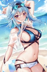 Rule 34 | 1girl, arm up, ball, beach, beachball, bikini, blue bikini, blue hair, blue sky, breasts, cleavage, clothes lift, clothing cutout, cloud, commentary, day, eula (genshin impact), eyewear on head, genshin impact, hair between eyes, heart, heart-shaped eyewear, highres, large breasts, lifted by self, long hair, looking at viewer, mouth hold, navel, ocean, outdoors, see-through, shirt, shirt lift, short sleeves, shoulder cutout, sky, solo, squchan, stomach, string bikini, sunglasses, swimsuit, thighs, water, yellow eyes