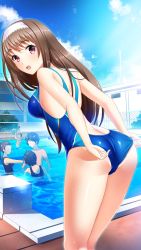 Rule 34 | 1girl, adjusting clothes, adjusting swimsuit, blue one-piece swimsuit, breasts, brown hair, competition swimsuit, day, doukyuusei another world, game cg, hair between eyes, hairband, kakyuusei, leaning forward, long hair, looking at viewer, medium breasts, official art, one-piece swimsuit, open mouth, outdoors, pool, red eyes, school swimsuit, sideboob, solo focus, standing, swimsuit, very long hair, white hairband, yuuki mizuho
