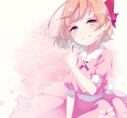 Rule 34 | 1girl, blue eyes, blush, bow, brown hair, cherry blossoms, dress, flower, hair bow, holding, holding flower, looking at viewer, mother (game), mother 2, nintendo, parted lips, paula (mother 2), pink dress, pink flower, pink ribbon, puffy short sleeves, puffy sleeves, red bow, ribbon, shifumame, short hair, short sleeves, solo