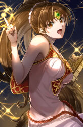 Rule 34 | 1girl, bare arms, bare shoulders, book, breasts, brown eyes, brown hair, choker, circlet, delsaber, dress, fire emblem, fire emblem: mystery of the emblem, gem, glint, gradient background, green gemstone, hair behind ear, hand up, highres, holding, holding book, index finger raised, large breasts, light particles, linde (fire emblem), long hair, looking at viewer, magic, nintendo, open mouth, pink dress, ponytail, sleeveless, sleeveless dress, smile, solo, sparkle, upper body, very long hair