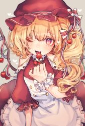 Rule 34 | 1girl, ;d, alternate costume, apron, bare shoulders, blonde hair, bow, cherry, cherry hair ornament, clothing cutout, commentary request, cowboy shot, crystal, dress, flandre scarlet, food, food-themed hair ornament, frilled apron, frills, fruit, grey background, hair between eyes, hair bow, hair ornament, hand up, hat, hat bow, head tilt, heart, highres, holding, holding food, holding fruit, long hair, looking at viewer, mob cap, mokokiyo (asaddr), nail polish, one eye closed, one side up, open mouth, puffy short sleeves, puffy sleeves, red dress, red eyes, red hat, red nails, ribbon, short sleeves, shoulder cutout, simple background, smile, solo, tongue, tongue out, touhou, white apron, white bow, white ribbon, wings, wrist cuffs