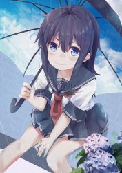 Rule 34 | 1girl, adapted costume, akatsuki (kancolle), alternate sleeve length, anchor symbol, black sailor collar, black skirt, black umbrella, blue eyes, blue hair, commentary request, feet out of frame, flower, highres, hydrangea, kantai collection, long hair, looking at viewer, neckerchief, pleated skirt, rain, red neckerchief, sailor collar, school uniform, serafuku, sitting, skirt, smile, solo, taisho (gumiyuki), umbrella