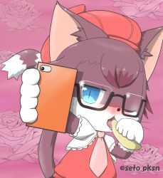 Rule 34 | 1girl, banana, blue eyes, brown hair, cat, cat busters, cellphone, food, fruit, furry, furry female, glasses, one eye closed, phone, smartphone, solo