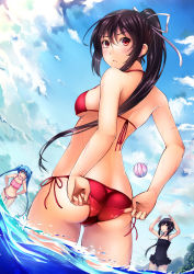 Rule 34 | 3girls, adjusting clothes, adjusting swimsuit, ass, ball, beachball, bikini, black eyes, black hair, blue eyes, blue hair, bow, casual one-piece swimsuit, cloud, cloudy sky, day, frilled swimsuit, frills, hair bow, hair ribbon, long hair, looking at viewer, multiple girls, one-piece swimsuit, open mouth, original, parted lips, polka dot, polka dot swimsuit, ponytail, red bikini, red eyes, ribbon, side-tie bikini bottom, sky, swimsuit, tsugaru (co-walker), twintails, very long hair, wading, wavy mouth