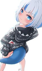Rule 34 | 1girl, :3, absurdres, adapted costume, ass, blue eyes, blue hair, bottomless, drip (meme), fins, fish tail, from above, from behind, gawr gura, grey hoodie, hair ornament, highres, hololive, hololive english, hood, hoodie, looking at viewer, meme, multicolored hair, no panties, shark girl, shark tail, smile, solo, standing, streaked hair, supreme (brand), tail, tppo, virtual youtuber, white hair