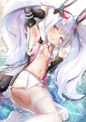 Rule 34 | 1girl, ahoge, animal ears, armpits, ass, azur lane, bikini, bikini top only, bikini under clothes, breasts, cleavage, commentary request, detached sleeves, fake animal ears, highres, in water, laffey (azur lane), laffey (retrofit) (azur lane), long hair, looking at viewer, lying, midriff, natuna natu, navel, parted lips, pleated skirt, purple eyes, rabbit ears, retrofit (azur lane), sidelocks, skirt, small breasts, solo, swimsuit, thighhighs, twintails, vest, wet, wet clothes, white bikini, white hair, white skirt, white thighhighs, zettai ryouiki