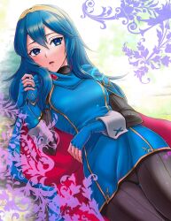 Rule 34 | 1girl, :o, armor, blue eyes, blue hair, blue tunic, breasts, cape, fingerless gloves, fire emblem, fire emblem awakening, gloves, gold trim, lucina (fire emblem), lying on ground, matching hair/eyes, multicolored cape, multicolored clothes, nintendo, open mouth, pants, rinnoasan, shoulder armor, small breasts, thigh gap, tiara, tight clothes, wrist cuffs