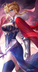 Rule 34 | 1girl, ahoge, armor, artoria pendragon (fate), artoria pendragon (lancer) (fate), blue gloves, blue leotard, blue thighhighs, box (hotpppink), braid, breasts, cape, cleavage, closed mouth, crown, fate/grand order, fate (series), french braid, fur-trimmed cape, fur trim, gauntlets, gloves, green eyes, hair between eyes, korean commentary, lance, large breasts, leotard, polearm, red cape, sidelocks, standing, swept bangs, thighhighs, weapon