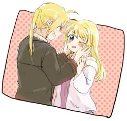 Rule 34 | 1boy, 1girl, ;(, antenna hair, blonde hair, blue eyes, blush, blush stickers, brown coat, chibi, coat, cowboy shot, dutch angle, edward elric, closed eyes, facing another, fingernails, frown, fullmetal alchemist, grin, hands on another&#039;s cheeks, hands on another&#039;s face, jacket, long hair, one eye closed, open mouth, pink background, polka dot, polka dot background, ponytail, profile, purple shirt, shirt, simple background, smile, teeth, tsukuda0310, upper body, wavy mouth, white background, white jacket, winry rockbell
