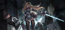 Rule 34 | 1girl, 3others, ahoge, assault rifle, belt pouch, black dress, black gloves, black thighhighs, black vest, blonde hair, breasts, bulletproof vest, bullpup, commentary, container, detached sleeves, dk.senie, dress, drone, dual wielding, eyepatch, facial mark, floating hair, garter straps, gloves, gun, hair ornament, half gloves, highres, holding, holding gun, holding sword, holding weapon, large breasts, long hair, long sleeves, looking at viewer, multiple others, night, night sky, original, outdoors, parted lips, pouch, rifle, short dress, skindentation, sky, sleeveless, sleeveless dress, standing, sword, symbol-only commentary, thighhighs, two side up, very long hair, vest, weapon, yellow eyes