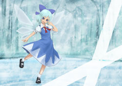 Rule 34 | 1girl, blue hair, cirno, dress, female focus, forest, ice, modama, nature, outdoors, perfect cherry blossom, plant, ribbon, short hair, solo, touhou, wings