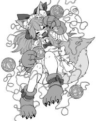 Rule 34 | 1girl, :3, animal ear fluff, animal ears, animal hands, apron, bell, blush, bow, breasts, cat hair ornament, cat paws, closed eyes, collar, commentary request, fangs, fate/grand order, fate (series), fox ears, fox girl, fox tail, full body, greyscale, hair ornament, highres, holding, jingle bell, kusama takato, long hair, lying, maid headdress, monochrome, naked apron, neck bell, on back, open mouth, ponytail, sidelocks, simple background, sleeveless, smile, solo, tail, tamamo (fate), tamamo cat (fate), tamamo cat (third ascension) (fate), tongue, yarn, yarn ball