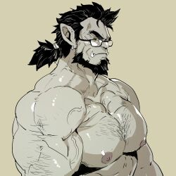 Rule 34 | 1boy, abs, arm hair, bara, beard, colored skin, earrings, facial hair, flexing pectorals, from side, full beard, glasses, grey skin, hairy, highres, jewelry, large pectorals, looking at viewer, low ponytail, male focus, mature male, medium sideburns, monster boy, muscular, muscular male, nipples, nude, orc, original, pectorals, pointy ears, rybiok, sideburns stubble, solo, sparse chest hair, stubble, thick beard, thick eyebrows, tsurime, tusks, upper body