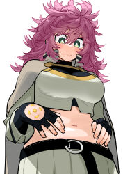 Rule 34 | 1girl, absurdres, belt, blush, breasts, cape, embarrassed, fingerless gloves, gloves, green eyes, hand on own stomach, hand tattoo, highres, kanke (kank06020602), large breasts, long hair, looking down, mamayuyu, messy hair, navel, pink hair, plump, skirt, tattoo, weight conscious, wool pool elysia