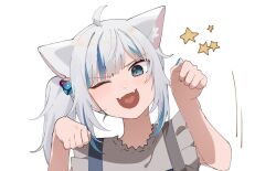 Rule 34 | 1girl, animal ears, blue eyes, blue hair, blue nails, cat ears, cowlick, cube hair ornament, dot nose, fangs, gawr gura, gawr gura (2nd costume), hair ornament, hands up, head tilt, heart, heart in mouth, highres, hololive, hololive english, looking at viewer, medium hair, mittsu, multicolored hair, official alternate costume, one eye closed, open mouth, paw pose, shirt, short hair with long locks, side ponytail, sidelocks, simple background, skin fangs, solo, sparkle, streaked hair, suspenders, two-tone hair, upper body, virtual youtuber, white background, white hair, white shirt