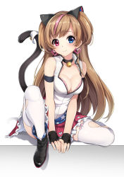 Rule 34 | 1girl, 3.14, american flag dress, animal ears, bell, boots, bra, breasts, brown hair, cat ears, cat tail, choker, cleavage, earrings, fake animal ears, fingerless gloves, girls&#039; frontline, gloves, heart, heart earrings, heterochromia, highres, jewelry, jingle bell, long hair, mk23 (girls&#039; frontline), neck bell, shirt, short twintails, sitting, skirt, sleeveless, sleeveless shirt, smile, solo, spread legs, tail, thighhighs, twintails, two side up, underwear, white thighhighs