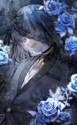 Rule 34 | 1boy, aqua eyes, black gloves, black suit, black veil, blue flower, blue rose, bug, butterfly, crystal, crystal flower, crystal rose, diandao qin, fate/grand order, fate (series), flower, formal, gloves, grey hair, highres, insect, lapels, looking at viewer, male focus, oberon (fate), oberon (overnight dream) (fate), oberon (third ascension) (fate), rose, shirt, solo, suit, upper body, veil, white shirt
