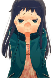 Rule 34 | 1girl, @ @, aqua eyes, black hair, blush, casual, covering privates, covering face, embarrassed, green eyes, jacket, long hair, mizu asato, original, simple background, solo, sweat, upper body, wavy mouth, white background
