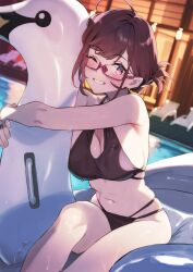 Rule 34 | 1girl, 92m, ahoge, bare shoulders, bikini, blush, breasts, cleavage, cleavage cutout, clothing cutout, dripping, glasses, hair ornament, hair up, hairclip, halterneck, highres, hugging object, kinshi no ane (92m), large breasts, looking at viewer, navel, opaque glasses, original, pool, red-framed eyewear, red hair, sideboob, skindentation, smile, solo, swimsuit, thighs, water, wet