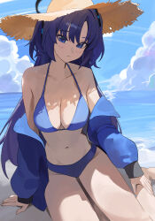 Rule 34 | 1girl, absurdres, bare legs, bikini, blue archive, blue bikini, blue eyes, blush, breasts, cleavage, closed mouth, collarbone, cowboy shot, day, halo, hat, highres, large breasts, long hair, looking at viewer, mechanical halo, navel, ocean, outdoors, purple hair, riel (ataraxia2334), solo, straw hat, swimsuit, thighs, two side up, yuuka (blue archive)