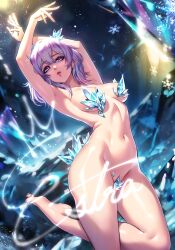 Rule 34 | 1girl, armpits, arms up, barefoot, blue eyes, breasts, commentary request, cowboy shot, esther shen, groin, hair ornament, honkai: star rail, honkai (series), looking at viewer, march 7th (honkai: star rail), medium breasts, navel, nude, pink hair, purple eyes, short hair, solo, standing, stomach, thighs, two-tone eyes