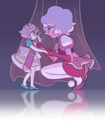 Rule 34 | 2girls, chuong, colored skin, curtains, eye contact, finger to another&#039;s mouth, flower, hair flower, hair ornament, holding hands, kneeling, looking at another, multiple girls, pale skin, pantyhose, pearl (steven universe), pink diamond (steven universe), pink hair, pink skin, scabbard, sheath, short hair, size difference, smile, spoilers, steven universe, sword, weapon